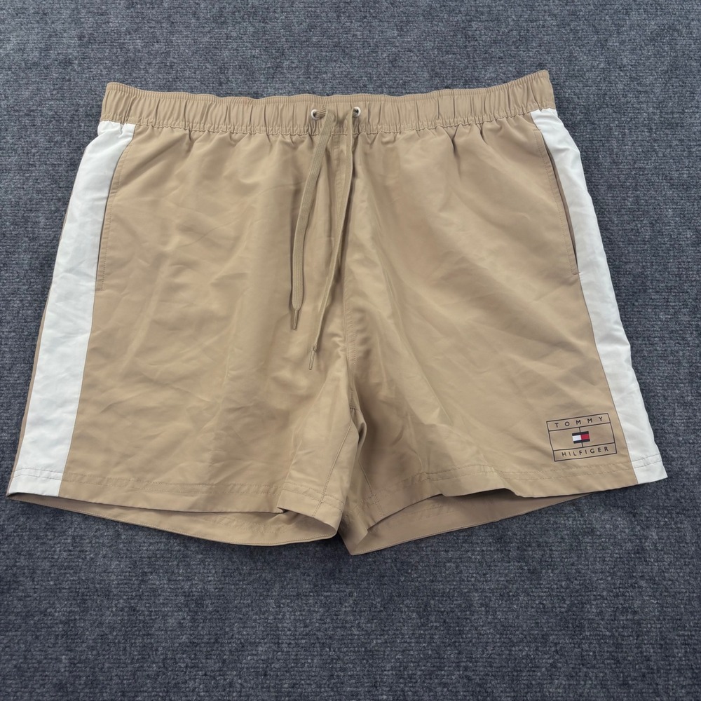 Tommy Hilfiger Swim‎ Shorts XL Tan White Side Stripe Mesh Lined Mens